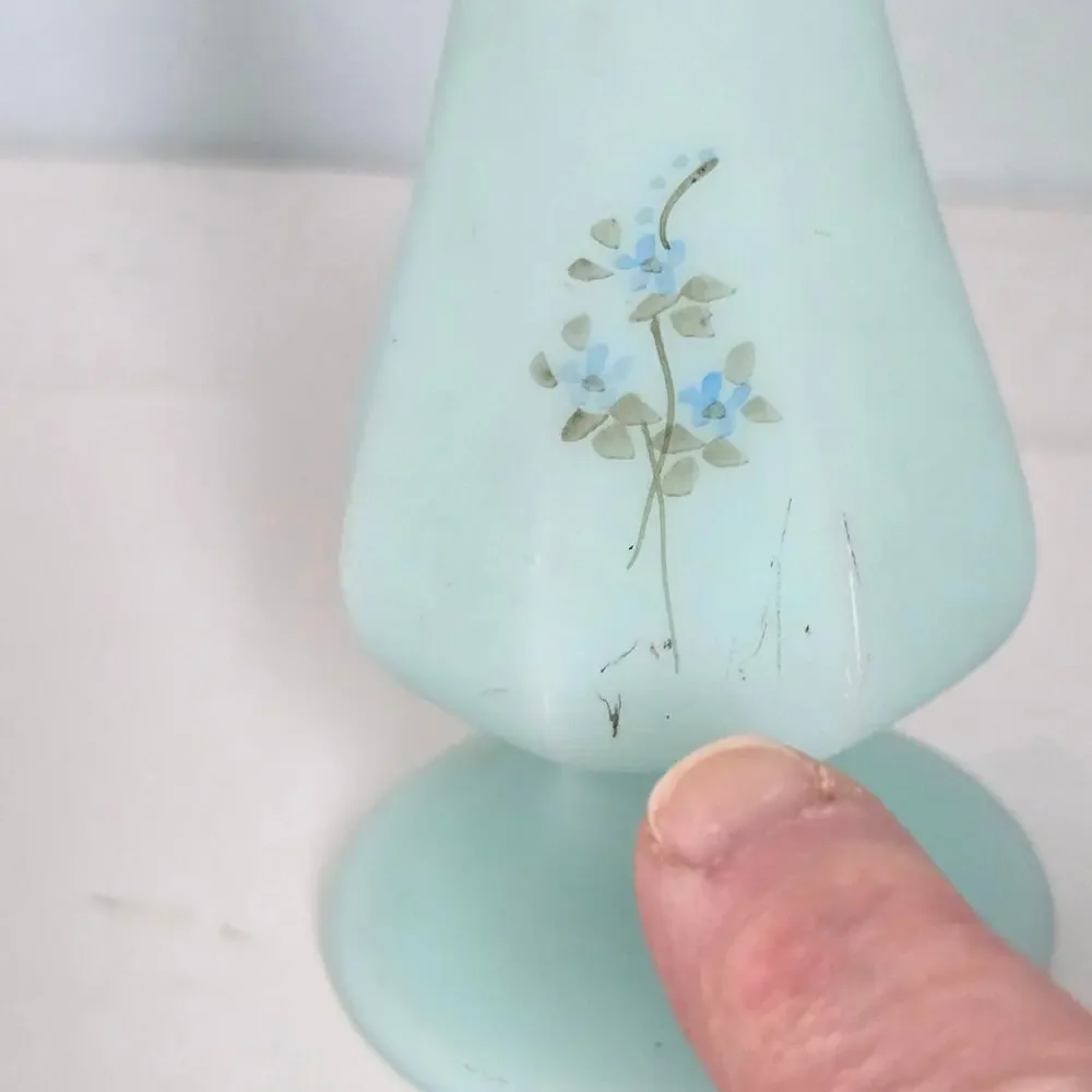 Vintage Fenton Bud Vase Blue Roses Hand Painted Satin Glass Artist Signed MCM